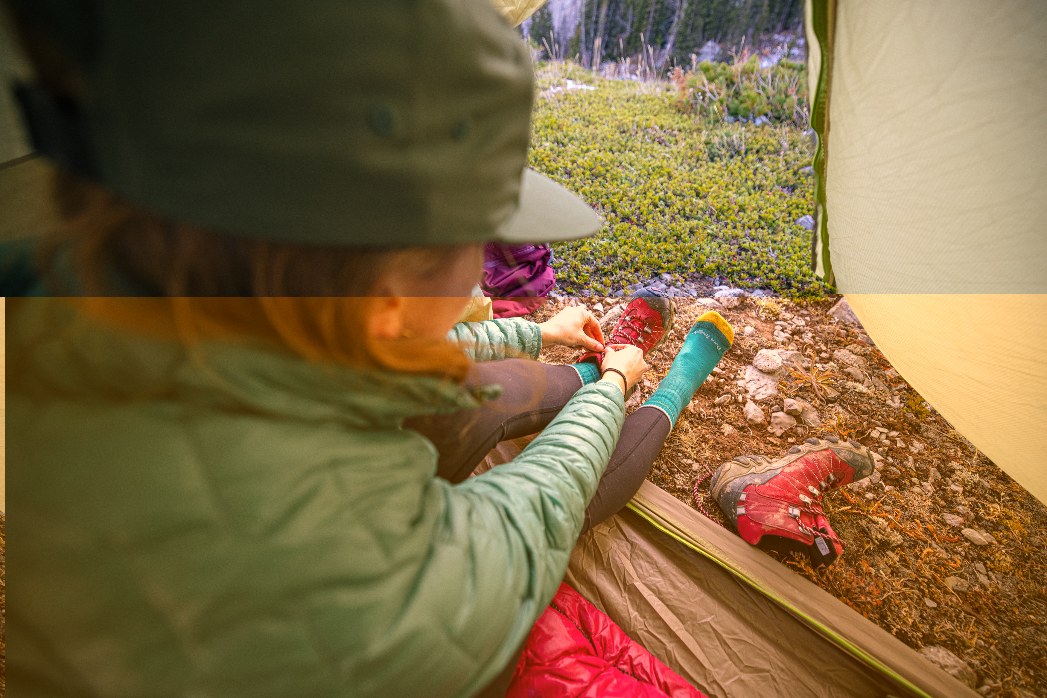 Keeping her feet warm and dry in the Rio Red Bridger Mid Waterproof while camping
