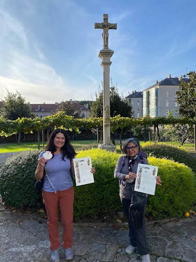 Karla Amador and her mother after finishing a section of the Camino de Santiago hiking trail. 