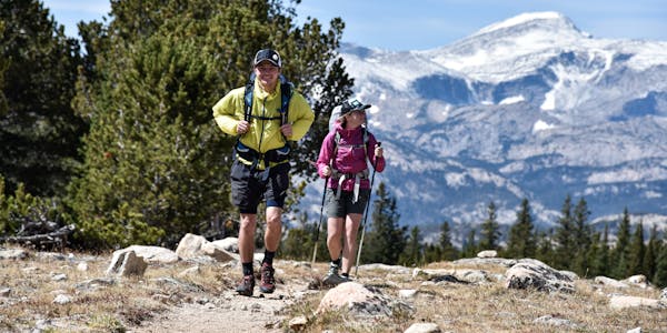 Two hikers exploring in the outdoors in the Oboz Arete.