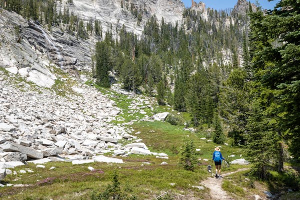 Woman trekking through the mountains in Oboz hiking shoes with dog