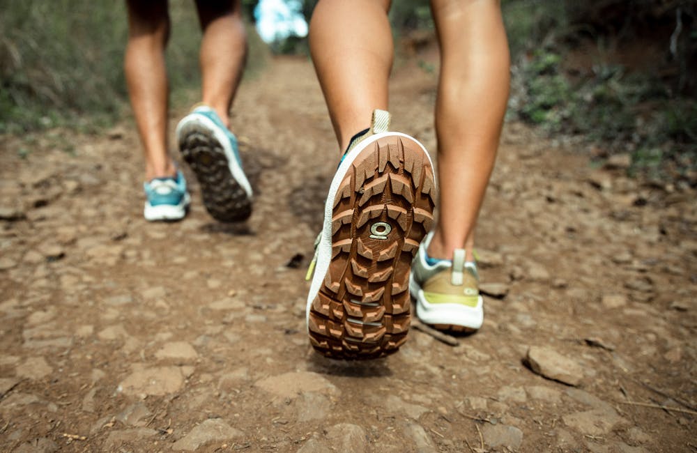 The Oboz Cottonwood Low Waterproof hiking shoes on the trail.