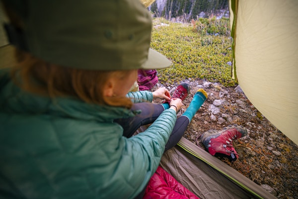 Keeping her feet warm and dry in the Rio Red Bridger Mid Waterproof while camping