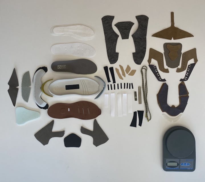 Parts and pieces of the sustainable Oboz Cottonwood style.