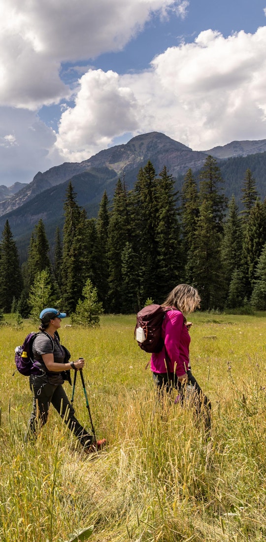 The women of the 52 Hike Challenge, hike through a meadow in Montana's Hyalite Valley.