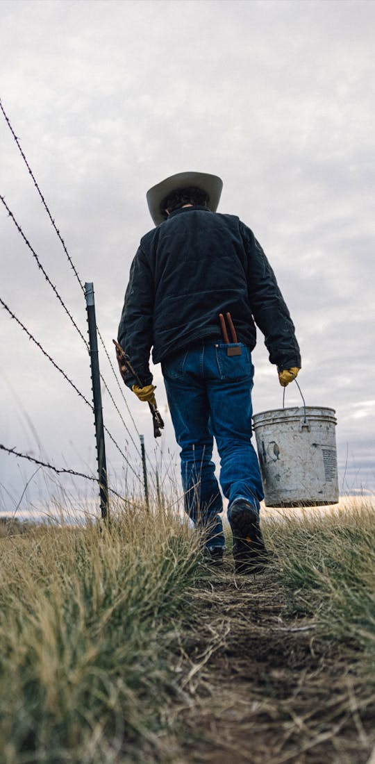 Cowboy working on a barbed wire fence in Bozeman, Montana.
