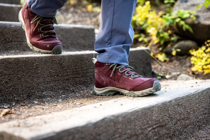 Walking downstairs in the stylish and versatile Oboz Ousel Mid waterproof boots.