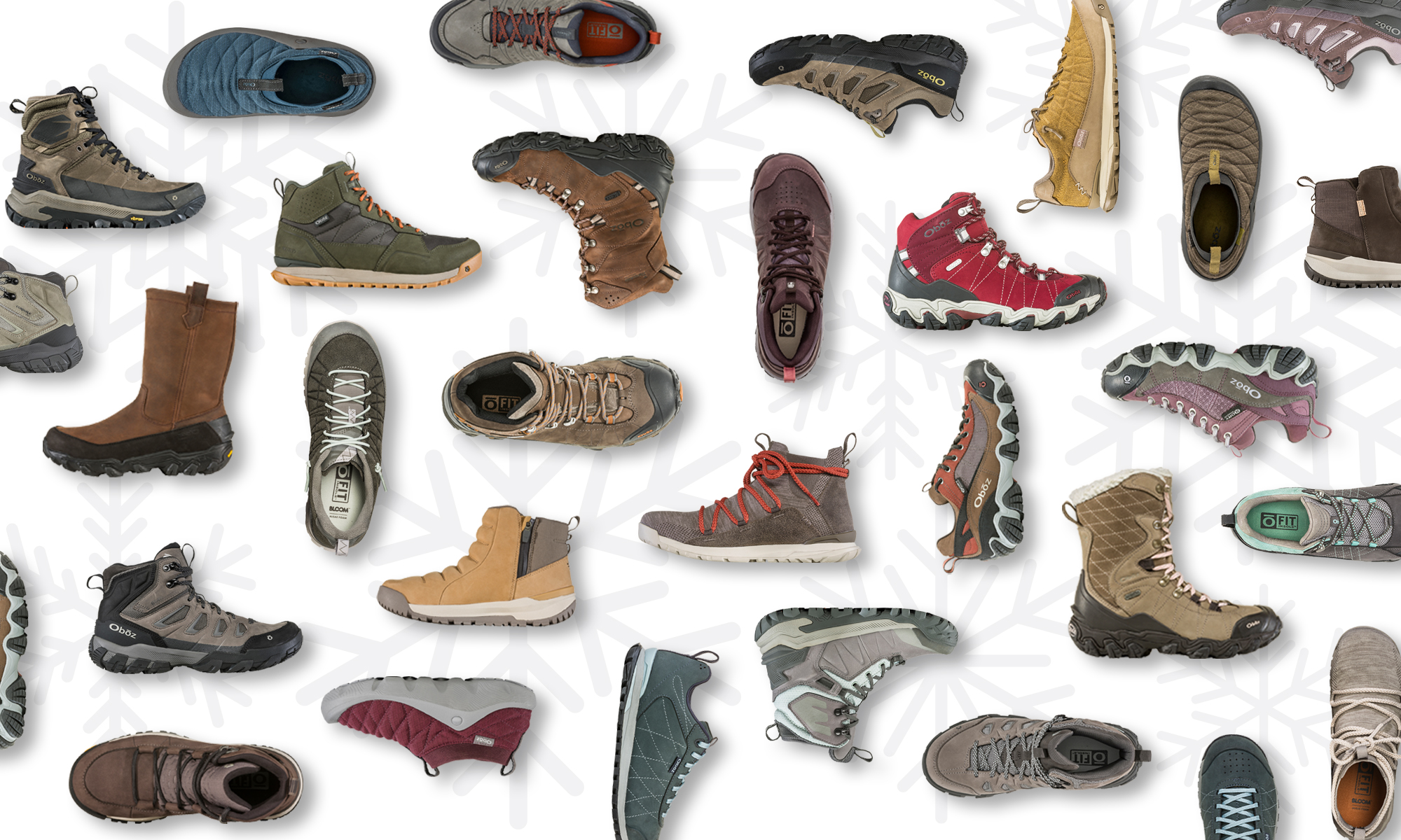 Collage of various Oboz styles of hiking boots, winter boots, and casual boots