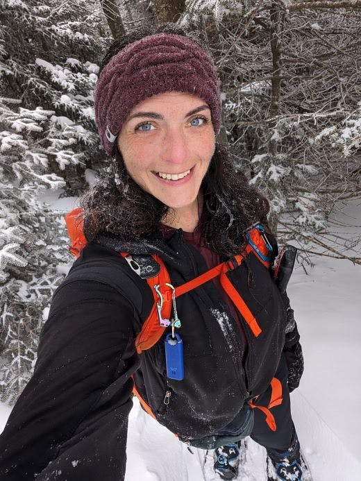 Mel Elam on a winter hiking adventure in her Oboz hiking shoes. 