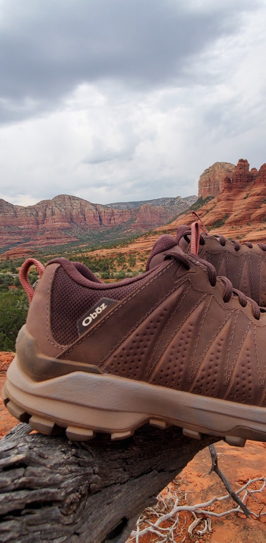 Oboz Sypes low hiking shoes hanging on a tree in the desert.