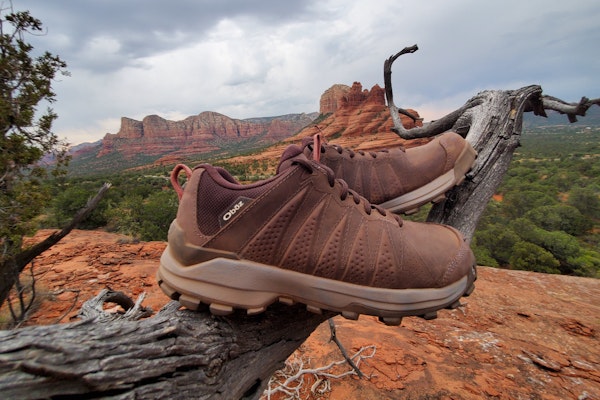 Oboz Sypes low hiking shoes hanging on a tree in the desert.