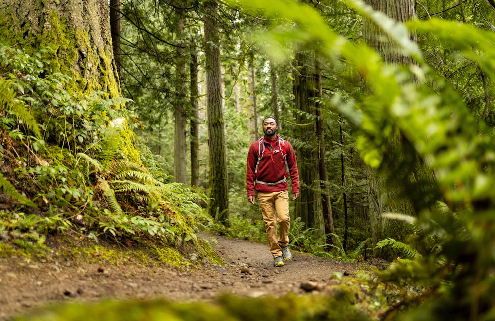 Man hiking through the forest in Oboz Katabatic Low hiking boots.