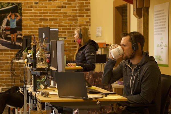 Oboz team drinking coffee and working hard at the Oboz Footwear headquarters in Bozeman, MT.