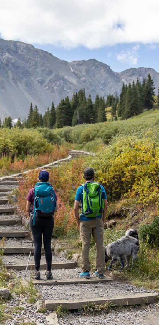 Two hikers gaze upon their ascent to the mountains wearing their Oboz hiking shoes.