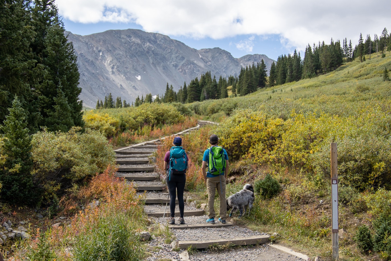 Two hikers gaze upon their ascend to the mountains wearing their Oboz hiking shoes