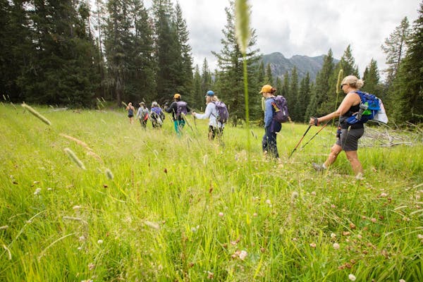 Women at the 52 hikes project retreat on a hiking trip through Montana in collaboration with Oboz Footwear.