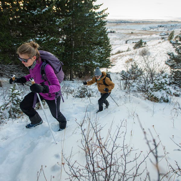 Two hikers on a snowy trail wearing Oboz Footwear Bangtail Insulated Winter Boots.