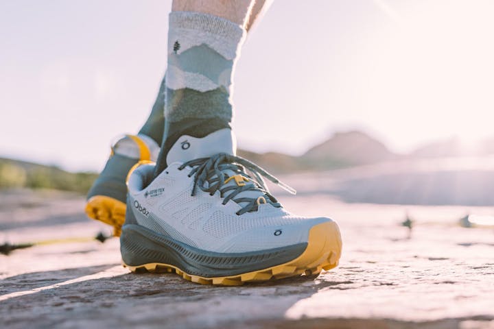 Hiker in the Oboz Katabatic LT Low Gore-Tex waterproof hiking shoe.