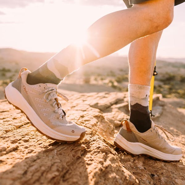 Hiking in the Oboz Katabatic LT Low hiking shoes.