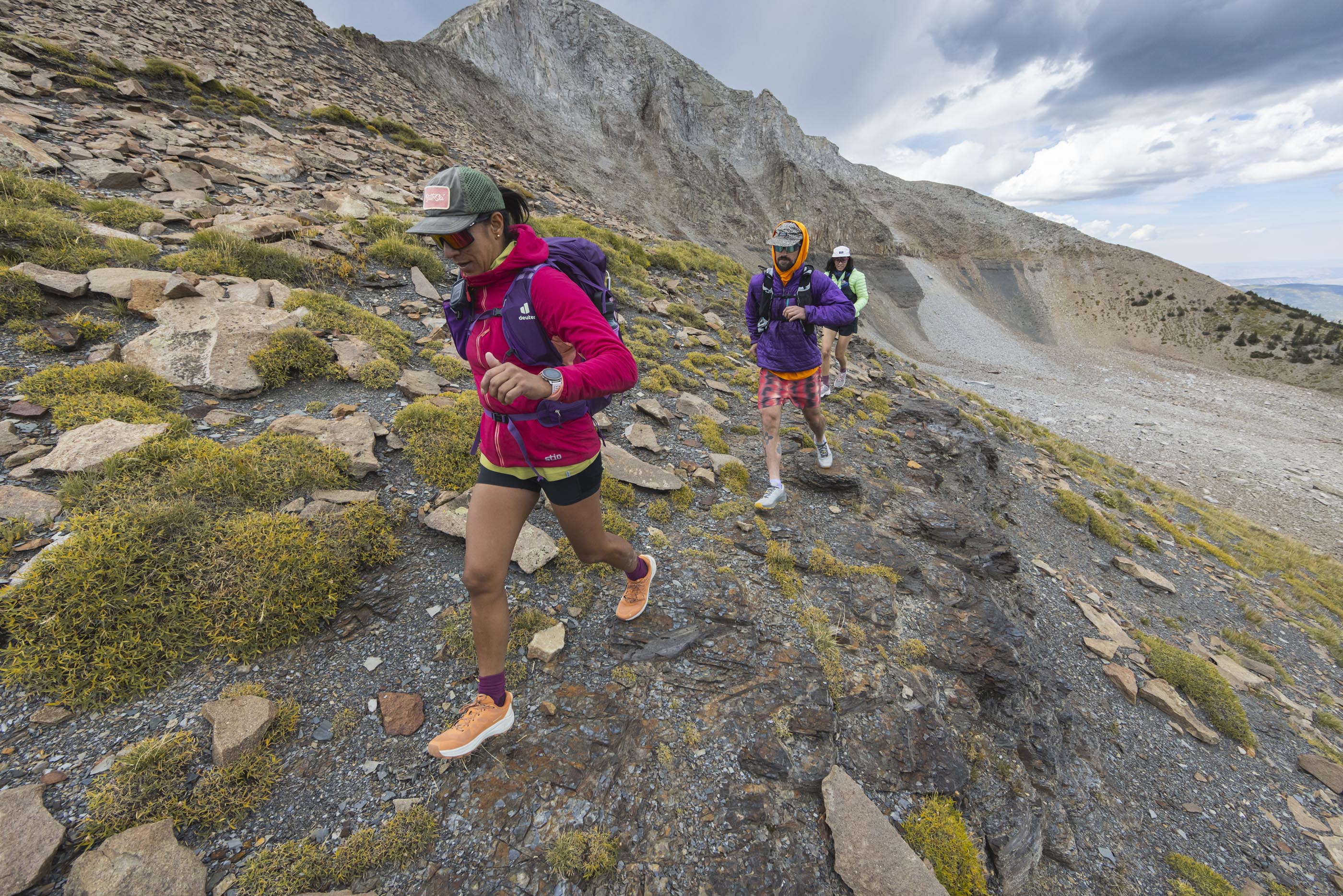 Traversing across a rocky ridge in the Oboz Katabatic LT Gore-Tex hiking boots.