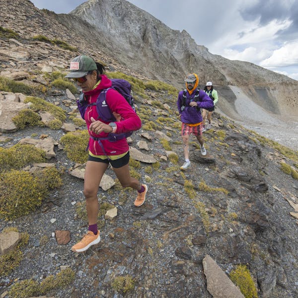 Traversing across a rocky ridge in the Oboz Katabatic LT Gore-Tex hiking boots.