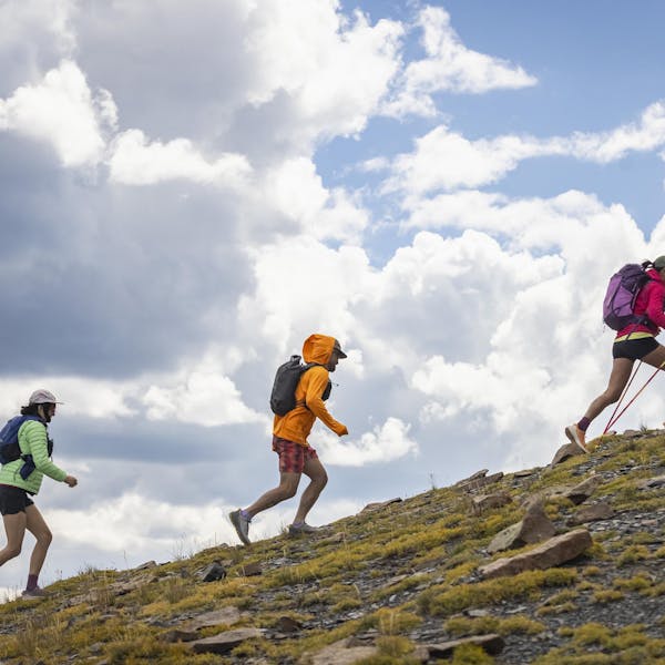Hikers walk along a trail in brightly colored rain jackets.