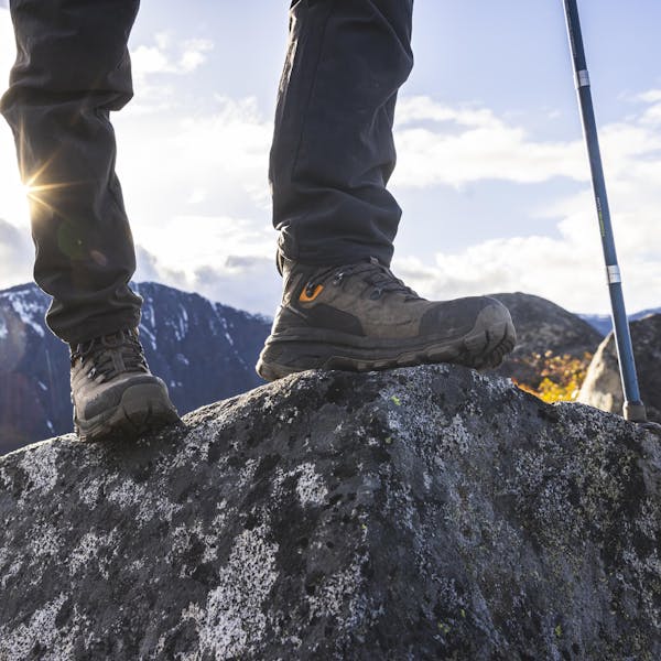 Wearing Oboz men's Bridger Peak Gore-Tex hiking boots on a rocky trail.