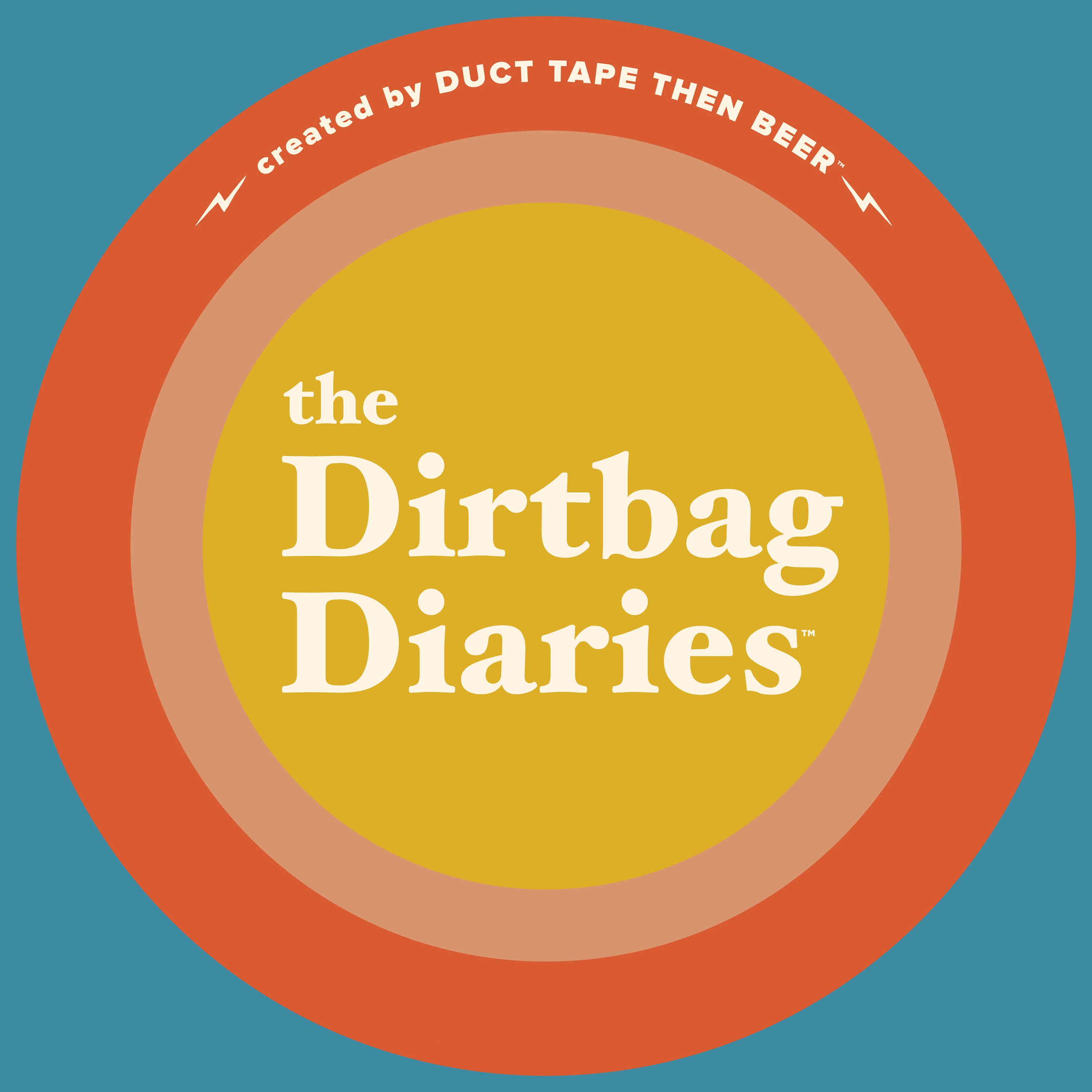The Dirtbag Diaries Podcast logo. Presented by Duct Tape Then Beer