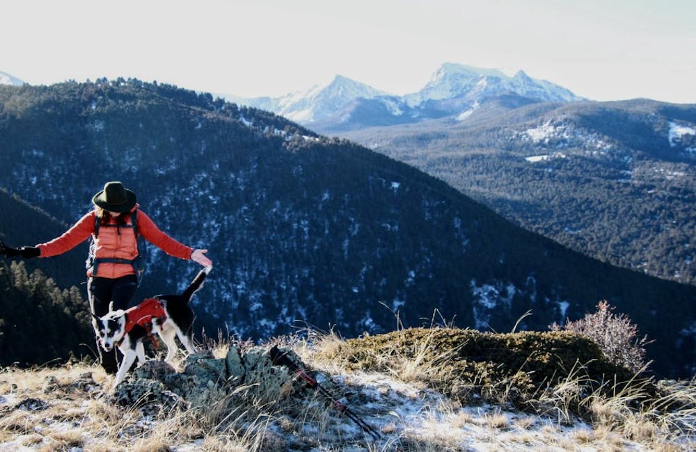 Oboz Local Hero, Hallie Zolynski, with her dogs in the Anaconda-Pintler Wilderness.