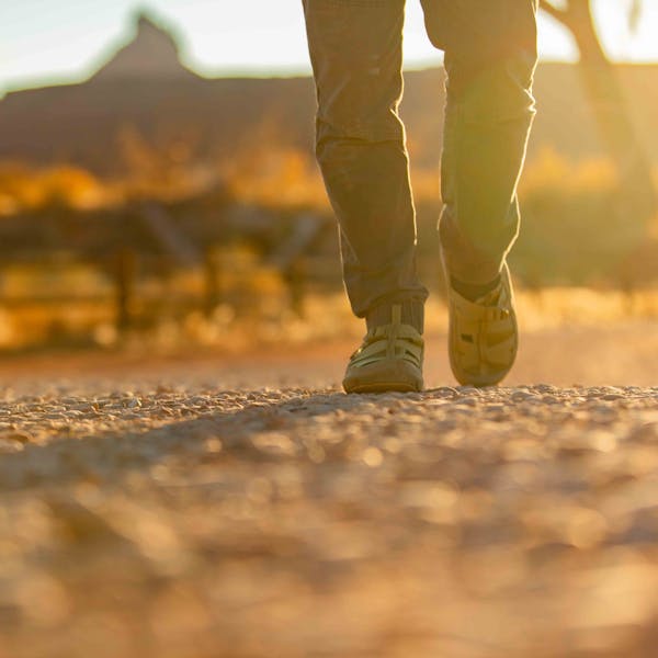 Oboz Whakata Ease casual sandal on foot in Moab, Utah.