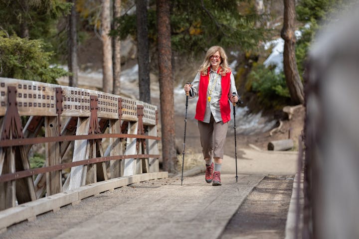 Oboz Local Hero Jo Giese on a hike at Ousel Falls, in Big Sky, Montana.