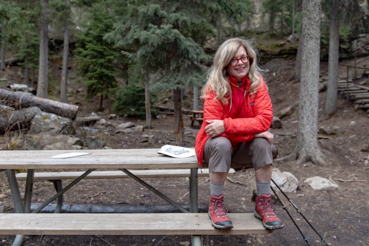 Oboz Local Hero Jo Giese on a hike at Ousel Falls, in Big Sky, Montana.
