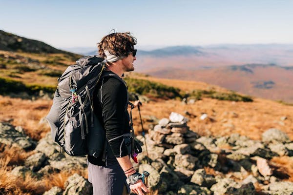 Oboz Local Hero, Riley McGurn on a hike in the New Hampshire wilderness.