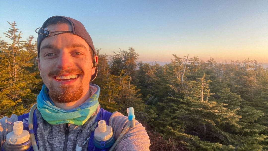 Oboz Local Hero, Riley McGurn on a hike in the New Hampshire wilderness.