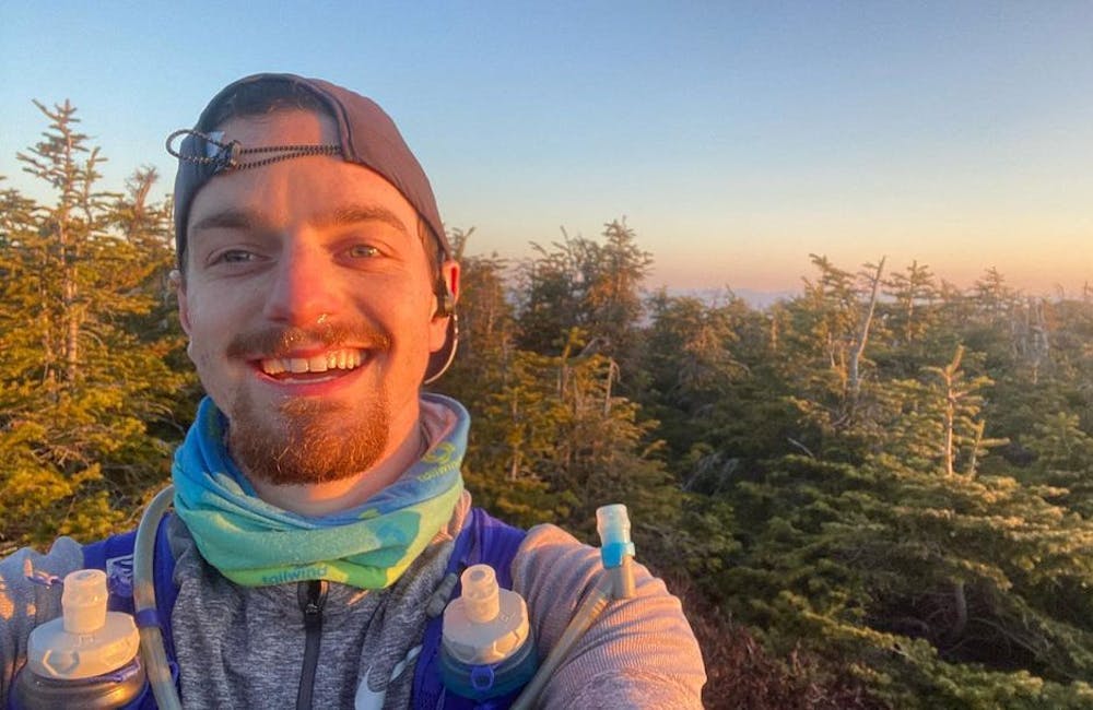 Oboz Local Hero, Riley McGurn on a hike in the New Hampshire wilderness.