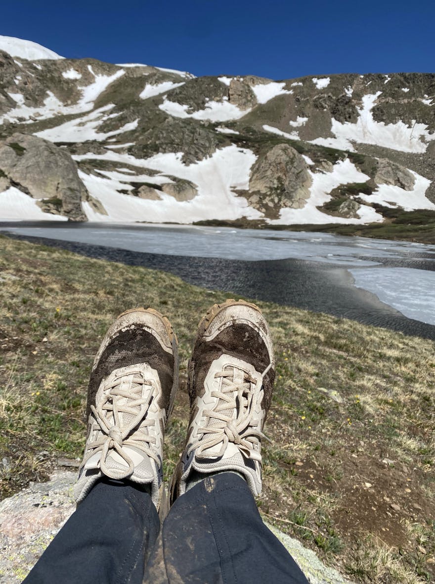 Karla Amador on a hike in the high peaks wearing her Oboz hiking bootes