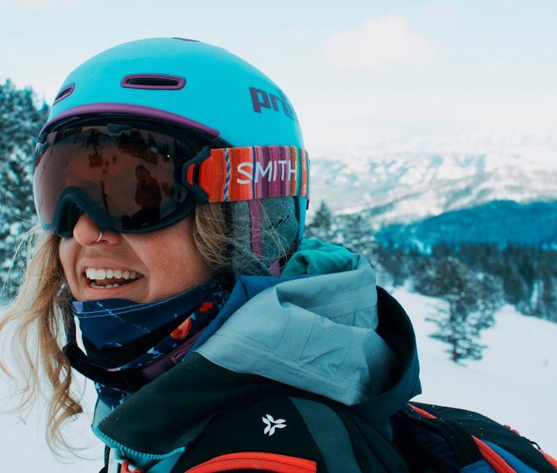 Oboz Footwear employee geared up for skiing at the mountain.