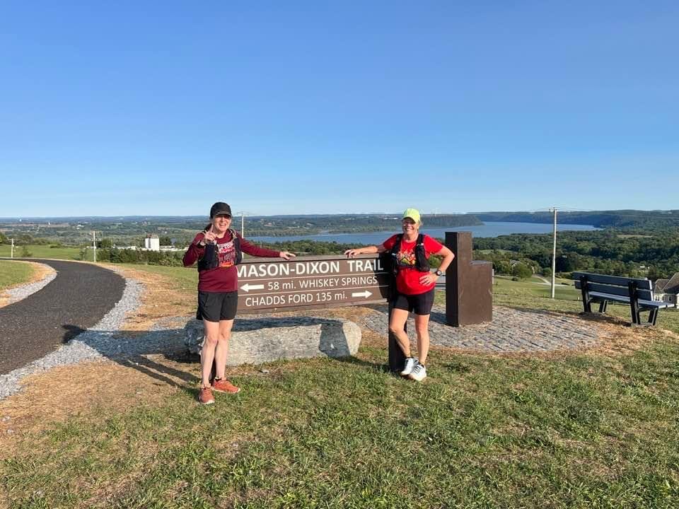 Roxanne Strine at the Mason Dixon Trail Sign in her Katabtic Winds