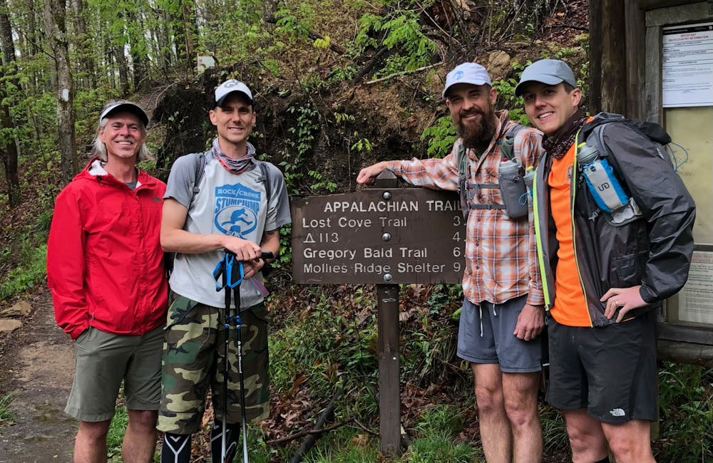 Oboz Trailblazer Buddy Teaster hiking with a group on the Appalachian trail.