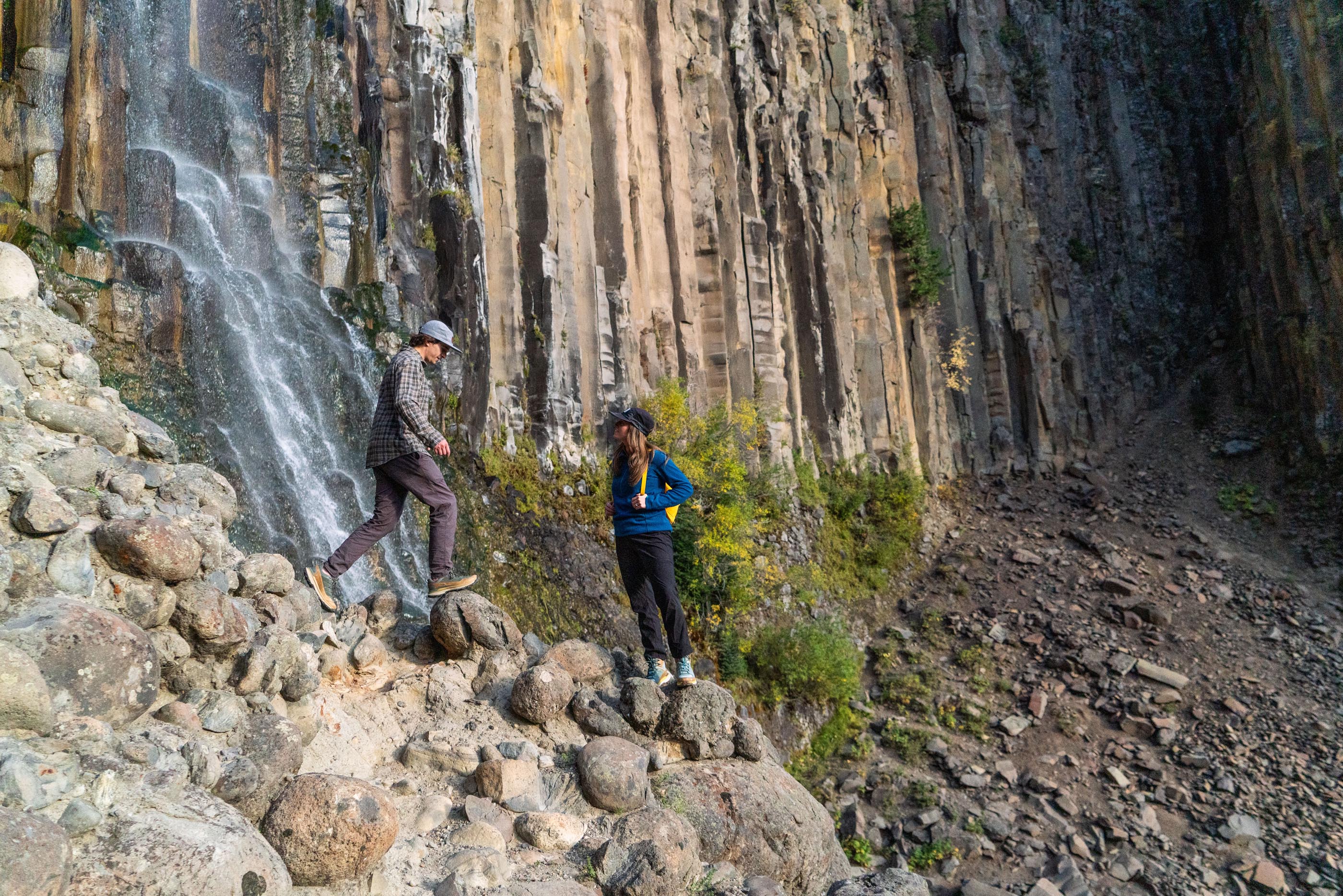 Hiking near a waterfall in the Oboz Hyalite waterproof shoes.