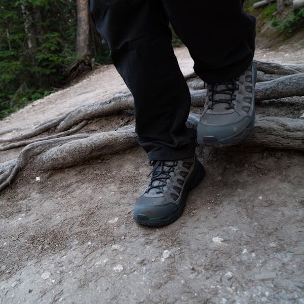 Hiking a root bound trail in the Oboz Sawtooth Ascent low hiking boots.