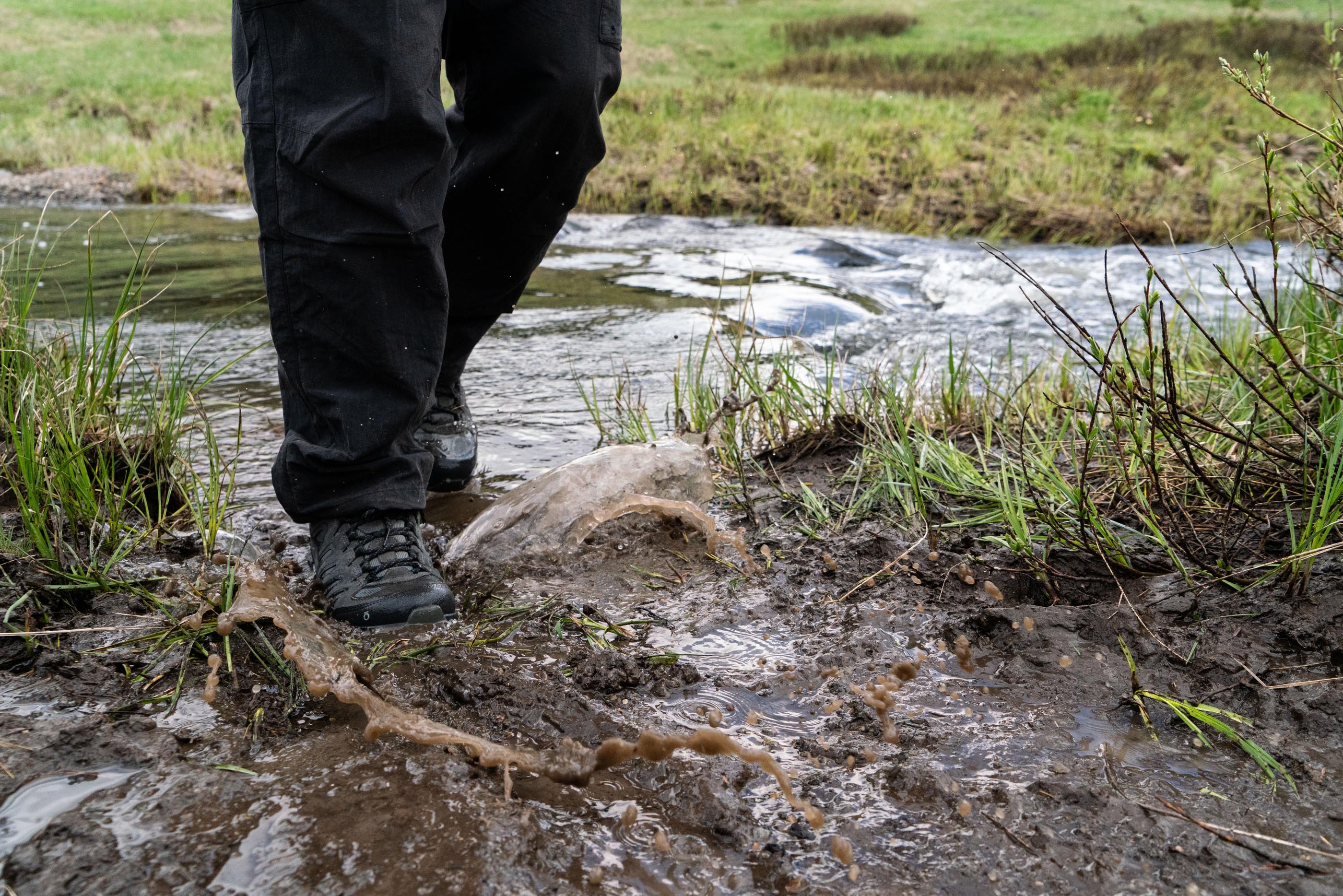 Waking through a creek in the Oboz Sawtooth Ascent hiking boots.
