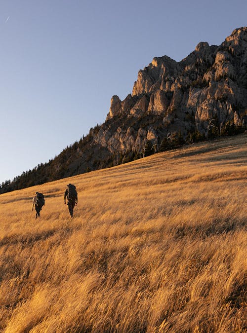 Two hikers in the backcountry wearing Oboz Bridger Peak waterproof hiking boots.