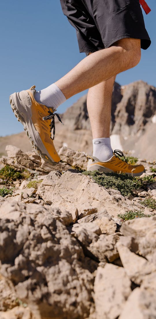 Oboz Katabatic RT hiking shoes on a rocky path.