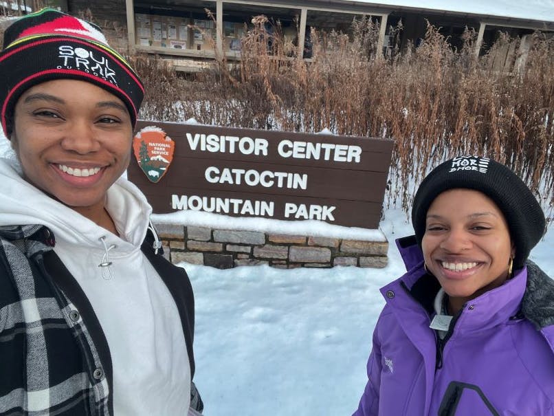 Diamon Clark and a friend getting ready to embark on a winter hike at Catoctin Mountain Park. 