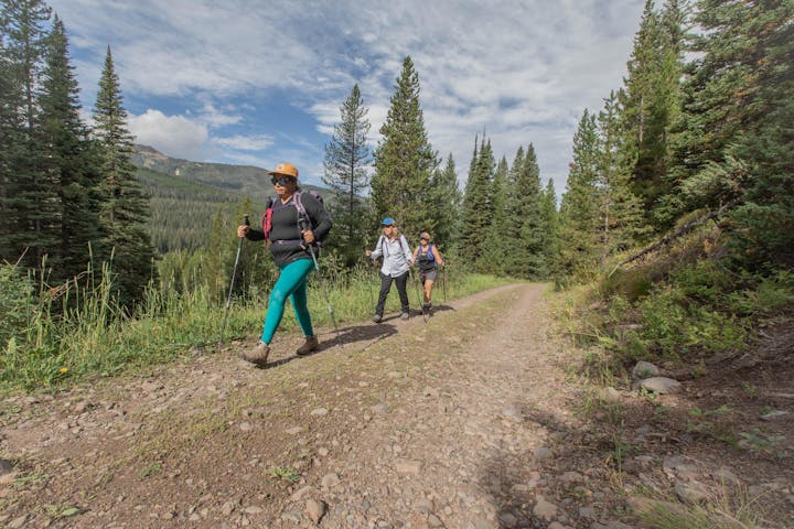 Participants of the 52 Hike Challenge, hike up a dirt road in Montana's Hyalite Valley.