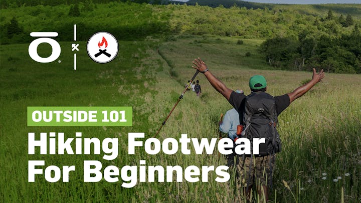 Hiking footwear for beginners featuring hikers on a trail.