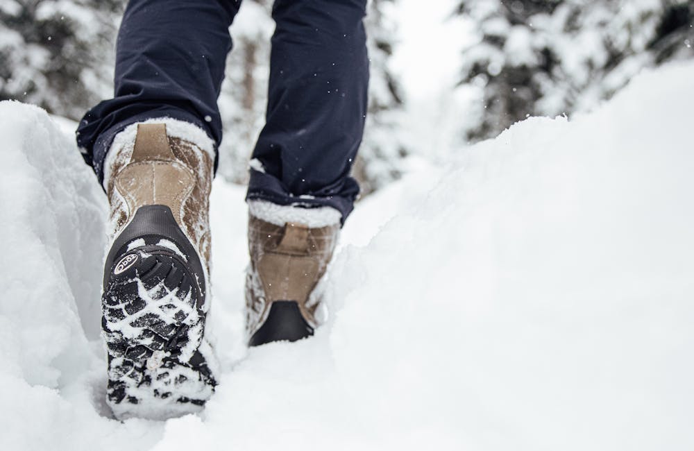 Walking through deep snow in the Oboz Bridger winter insulated boots.