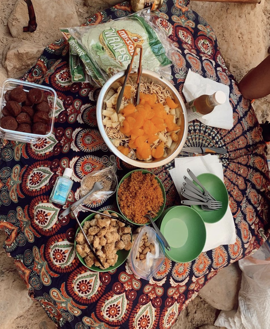 Campground feast with lots of meal variety and portable utensils.