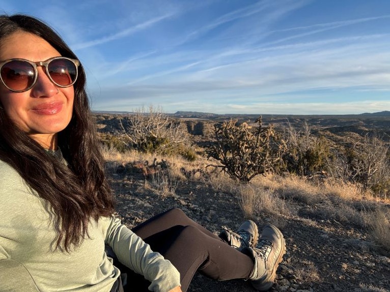 Karla Amador on a trail date in her Oboz hiking shoes. 