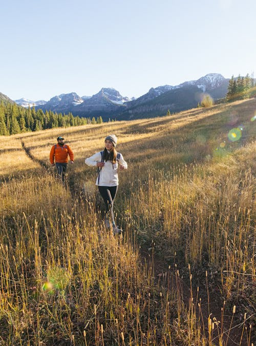 Two hikers on a backpacking trip in a grassy meadow.